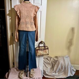 Wms Anthropologie En Saison Peachy Brown Ruffle Chunky Boho Chic Knit Sweater S